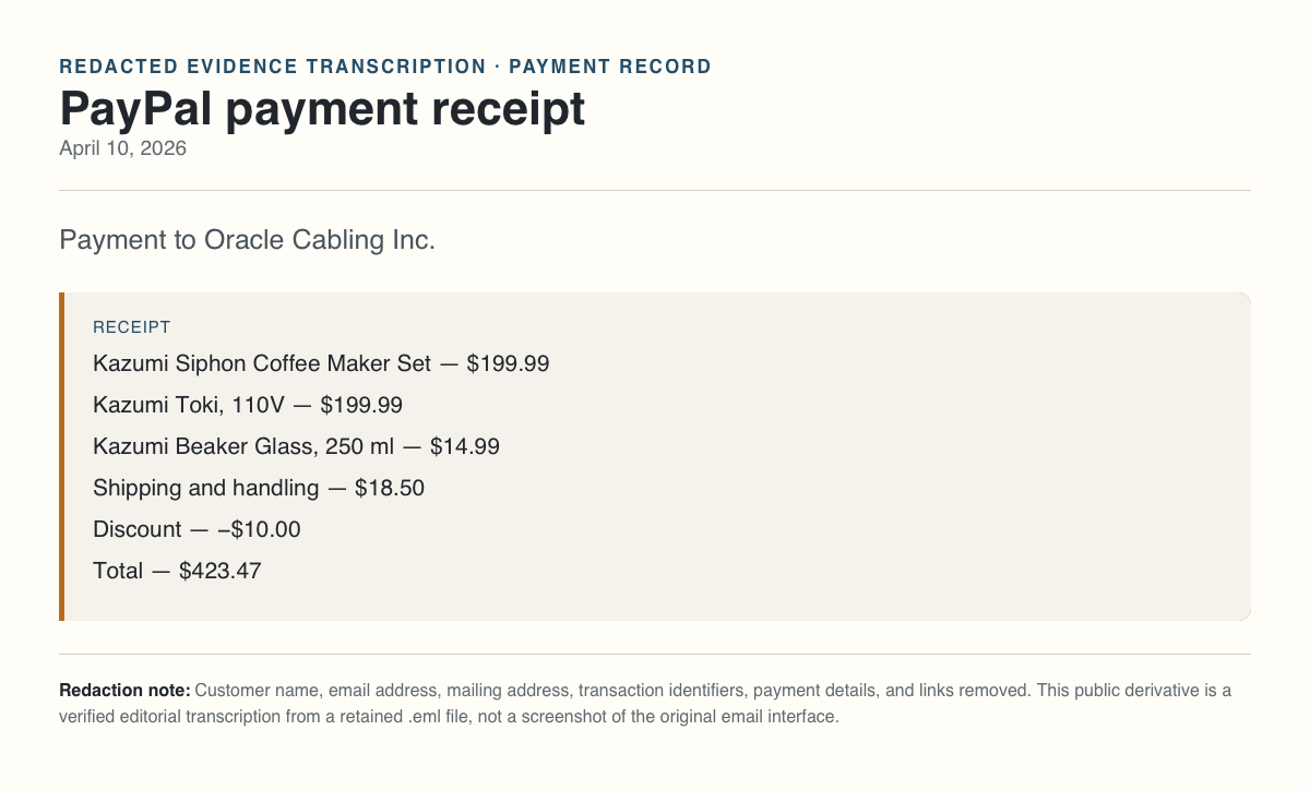 Redacted transcription of payment receipt dated April 10, 2026