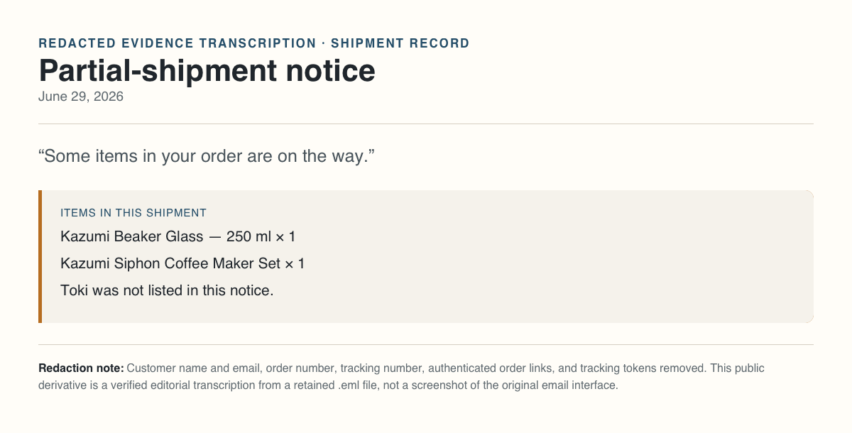 Redacted transcription of partial-shipment notice dated June 29, 2026