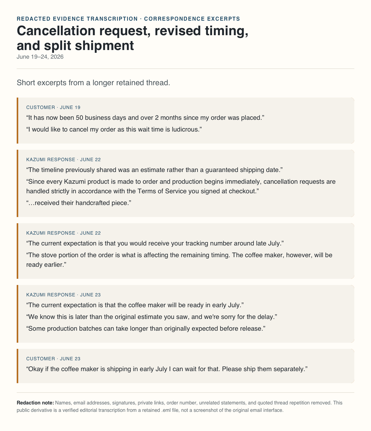 Redacted transcription of cancellation and delay exchange dated June 19–24, 2026
