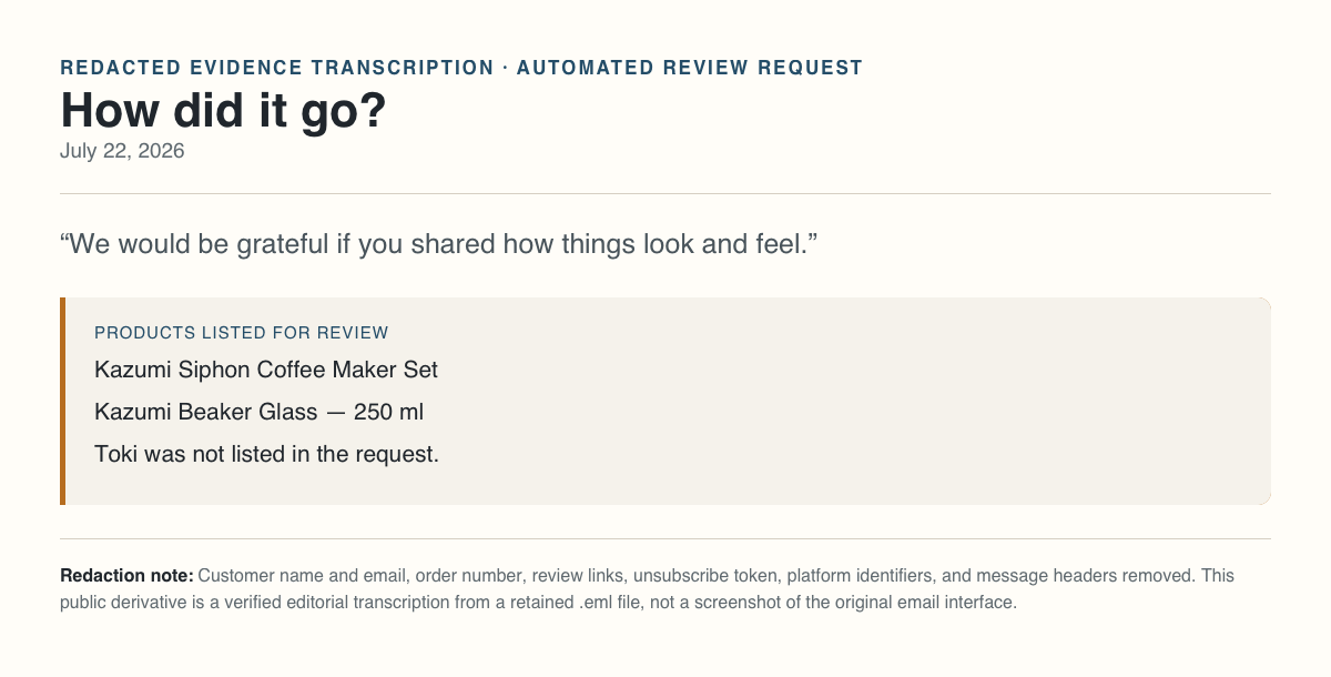 Redacted transcription of review request dated July 22, 2026