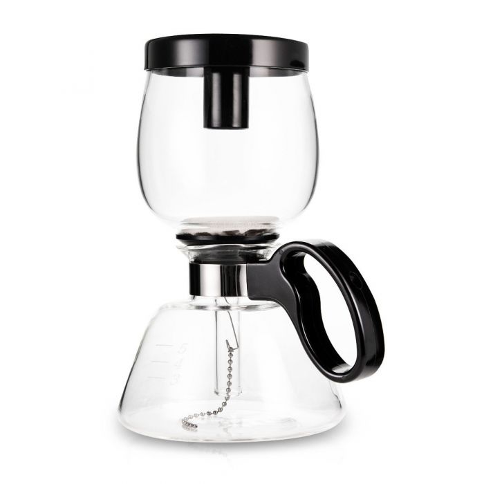 Yama Glass 5-Cup Stovetop Coffee Siphon with two glass chambers and a black handle